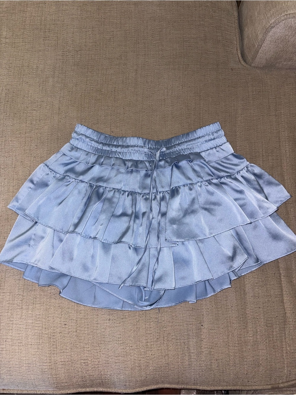 Light Blue Satin Tiered Mini Skirt with Drawstring Waist